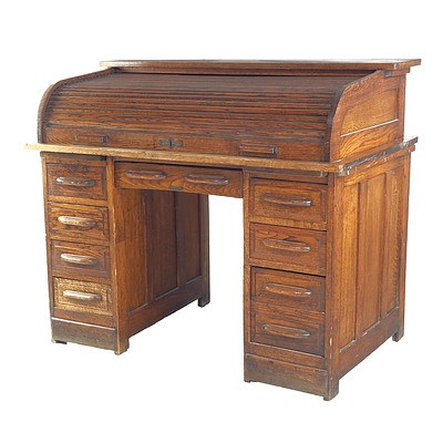 Antique Oak Double Pedestal Roll-Top Desk