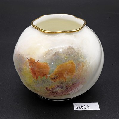Royal Worcester Hand Painted Highland Cattle Small Squat Vase Signed by Stinton