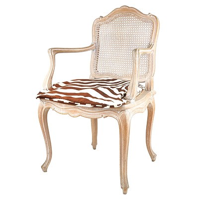 French Style Carved and Limed Wood Caned Armchair, 20th Century