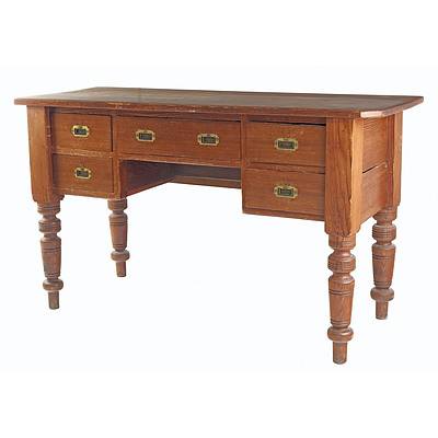 Antique European Pitch Pine Desk with Recessed Brass Handles Circa 1900