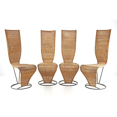Four Modernist Wicker and Iron Framed High Backed Chairs
