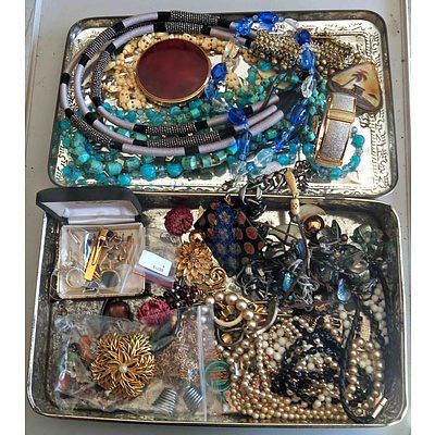 Collection Of Vintage and Modern Jewellery in Vintage Pressed Metal Box