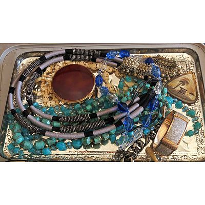 Collection Of Vintage and Modern Jewellery in Vintage Pressed Metal Box