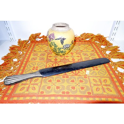 Large Antique Page Turner, Antique Japanese Jar and a Woven Mat