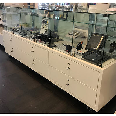 Mobile Six Drawer Three Glass Cube Floor Display Unit