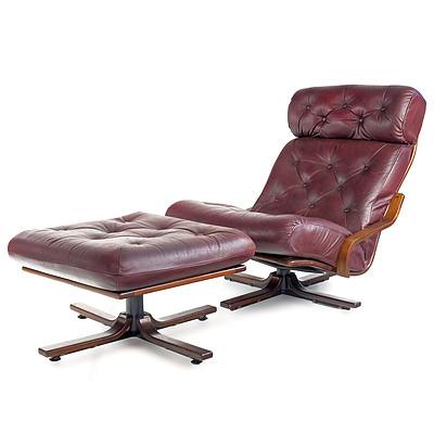 Vintage Danish Deluxe Leather Upholstered Swivel Armchair and Ottoman