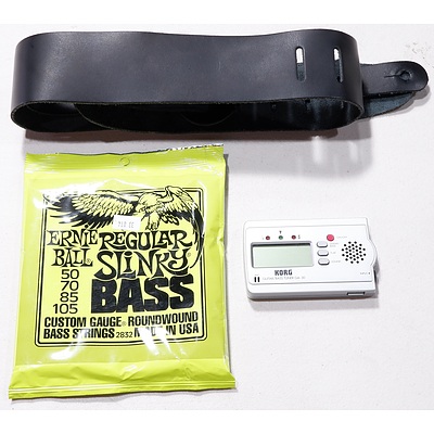 Ernie Ball Custom Gauge Bass Strings, Guitar Strap, and Korg GA-30 Electric Tuner
