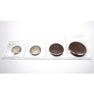 Set of Four 1951 Australian Coins, Including Penny, Half Penny, Six Pence and Three Pence
