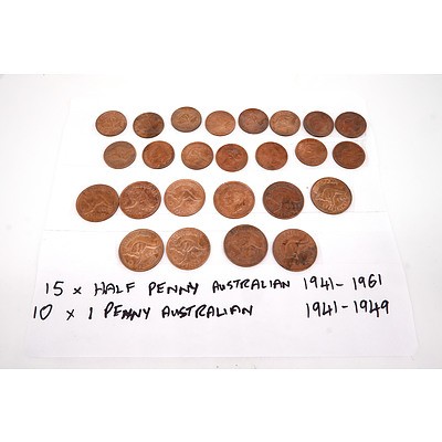 1941-1961 Sheet of Fifteen Australian Half Pennies and Ten One Pennies
