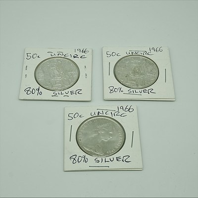 Three Australian 1966 Silver Fifty Cent Coins