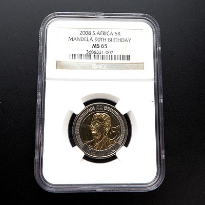 2008 South Africa 5 Rand Nelson Mandela 90th Birthday Commemorative Coin, MS65