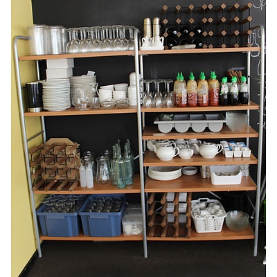 Two Bays of Shelving with Crockery, Cutlery and Glassware