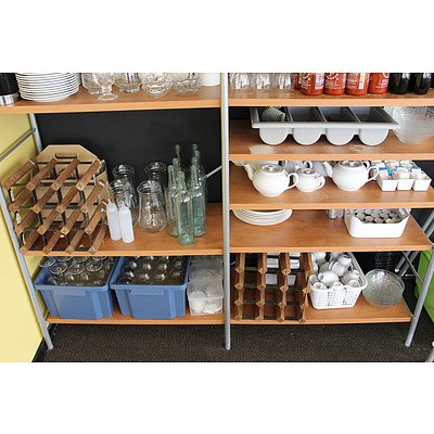 Two Bays of Shelving with Crockery, Cutlery and Glassware