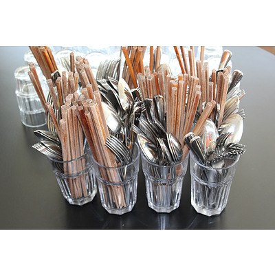 Two Bays of Shelving with Crockery, Cutlery and Glassware