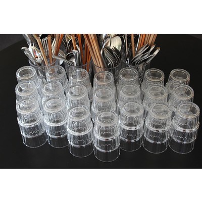 Two Bays of Shelving with Crockery, Cutlery and Glassware