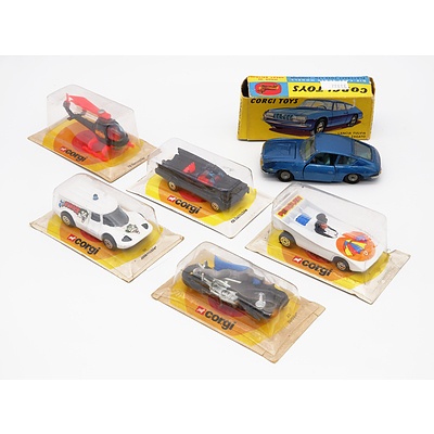 Six Corgi Models, Batcopter No.78, Batbike No.23, Batmobile No.09, Penguinmobile No.20, Jokermobile No.99 and Lancer Fulvia in Box