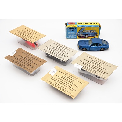 Six Corgi Models, Batcopter No.78, Batbike No.23, Batmobile No.09, Penguinmobile No.20, Jokermobile No.99 and Lancer Fulvia in Box