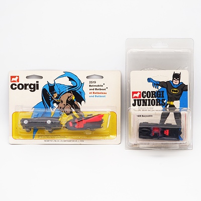 Corgi Batmobile and Batboat Set 2519 and Corgi Juniors Batmobile Set 69 in Boxes