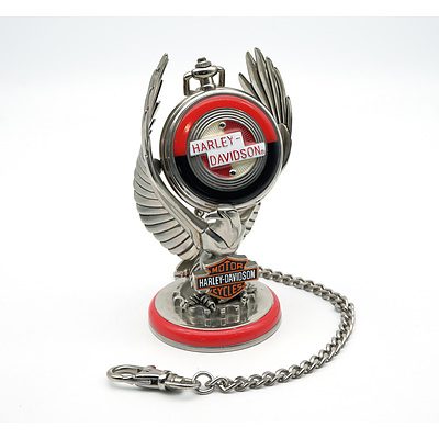Harley Davidson Franklin Mint Sportster Pocket Watch With Pouch and Harley Davidson Watch Stand