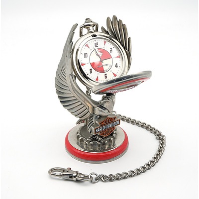 Harley Davidson Franklin Mint Sportster Pocket Watch With Pouch and Harley Davidson Watch Stand