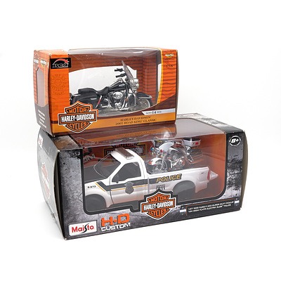 Maisto Harley Davidson 1999 Police Ford F-350 Super Duty Pickup, Police 2004 FLHTPI Electra Glide and RC2 Harley Davidson 2005 Road King 1:18 Model