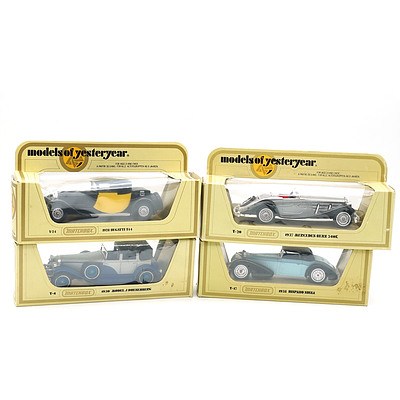 Four Boxed Matchbox Models of Yesteryear, Including 1928 Bugatti T44 and 1937 Mercedes Benz 540K