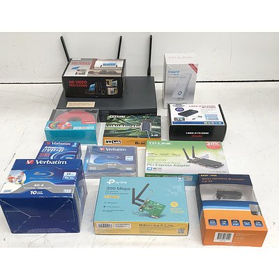 Bulk Lot of Assorted IT & Office Equipment - Adapters, Writable Discs & Networking Appliances