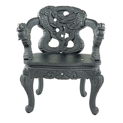 Japanese Export Carved and Ebonized Dragon Armchair Circa 1900