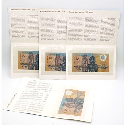 Four Consecutively Numbered 1988 Australian Bicentennial Commemorative $10 Notes AA09002453 -AA09002456
