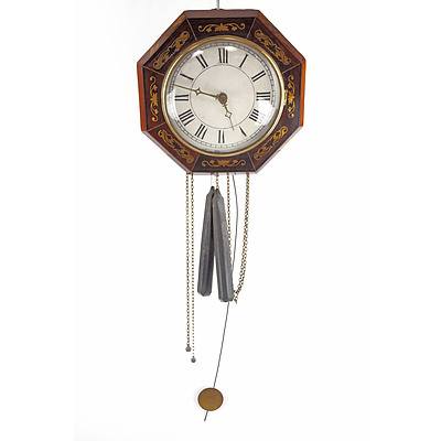 Antique Brass Inlaid Brazilian Rosewood Wall Clock, Late 19th Century
