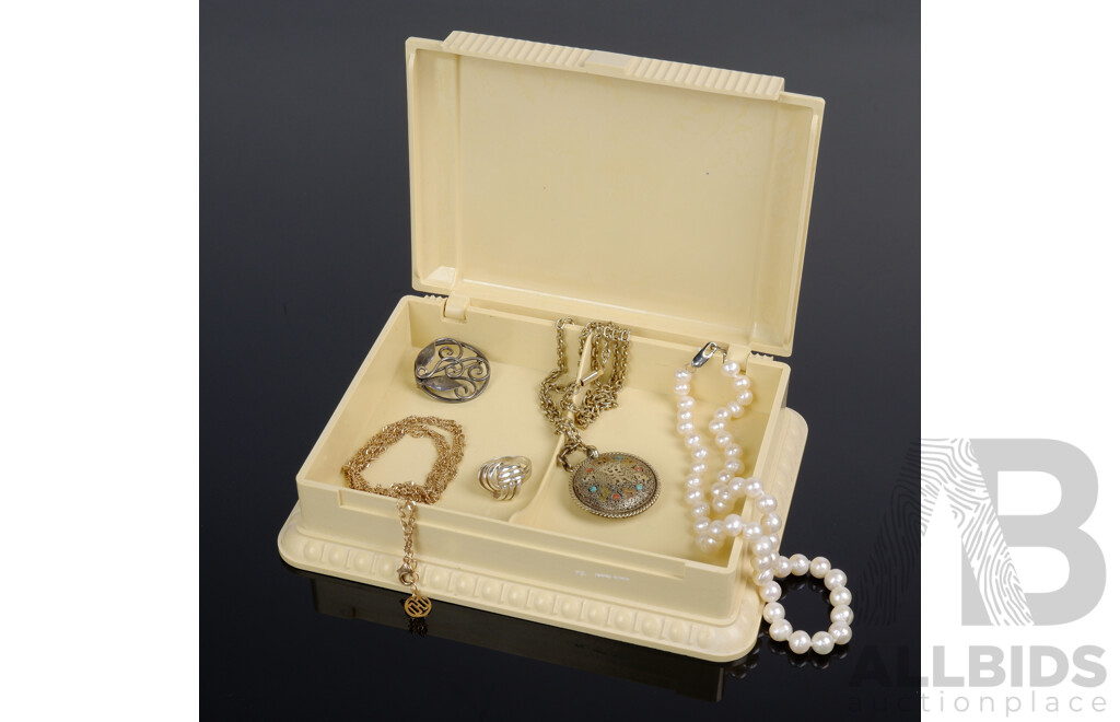 Art Deco Jewel Box with Silver Brooch & Ring and Other Items