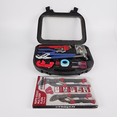 New Trojan Twin Multi-Grip Set and Used Plumbers Tool Set