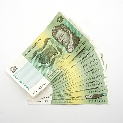 Ten Consecutively Numbered Knight/ Stone $2 Paper Notes, JTV065582-JTV065591