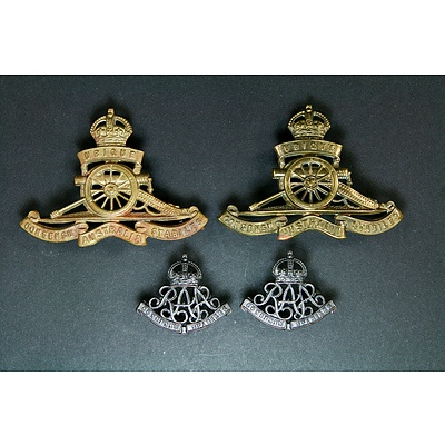 2x 1913-42 Royal Australian Artillery Hat Badges and 2 Collar Badges