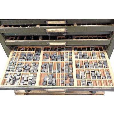 Large Vintage 24 Drawer Metal Cabinet Containing a Large Selection of Vintage Printing Blocks