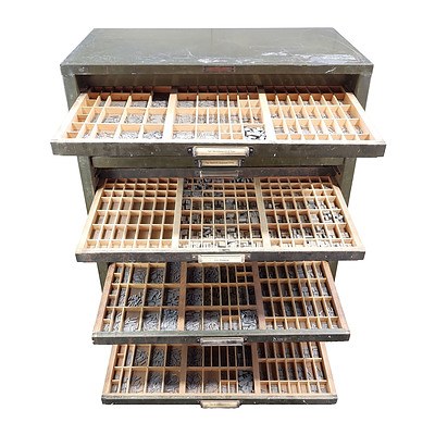 Large Vintage 24 Drawer Metal Cabinet Containing a Large Selection of Vintage Printing Blocks