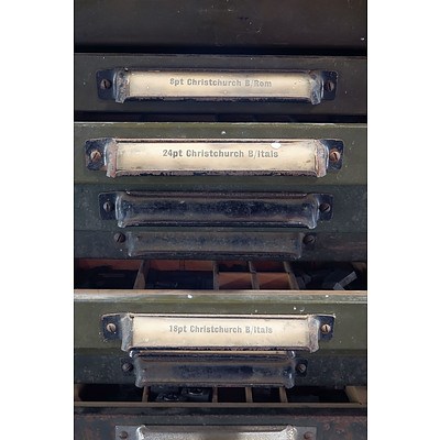 Large Vintage 24 Drawer Metal Cabinet Containing a Large Selection of Vintage Printing Blocks