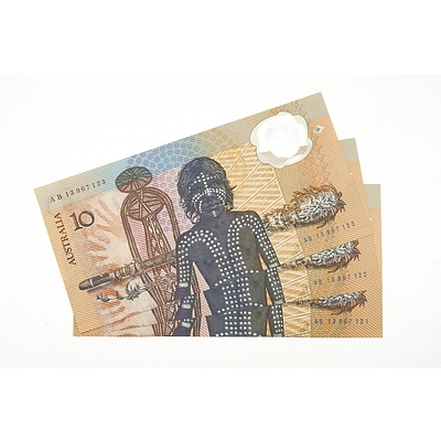 Three Consecutively Numbered 1988 Australian Ten Dollar Polymer Banknotes, AB13967121, AB13967122 and AB13967123