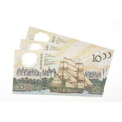Three Consecutively Numbered 1988 Australian Ten Dollar Polymer Banknotes, AB13967121, AB13967122 and AB13967123
