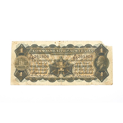 Australian 1932 Riddle/ Sheehan One Pound Banknote, R27a K85261808