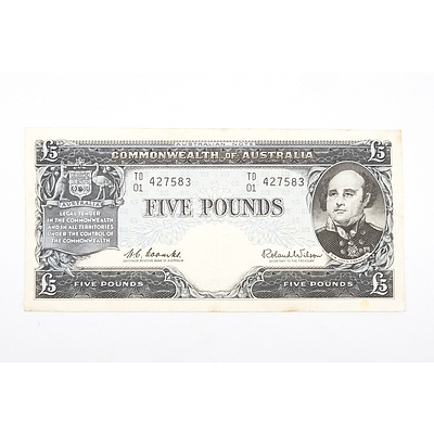 Australian 1961 Coombs/ Wilson Five Pound Banknote, R50 TD01427583