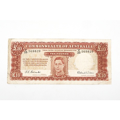 Australian 1952 Coombs/ Wilson Ten Pound Banknote, R61 V23569829