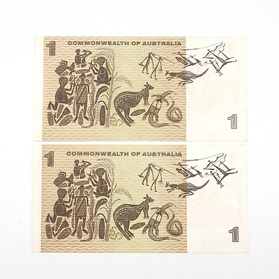 Two Australian 1972 Phillips/ Wheeler One Dollar Banknotes, R74 BFE515094 and BJV089334