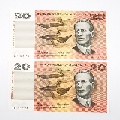 Two Consecutively Numbered Australian 1966 Coombs/ Wilson Twenty Dollar Banknotes, R401 XAE367766 and XAE367767