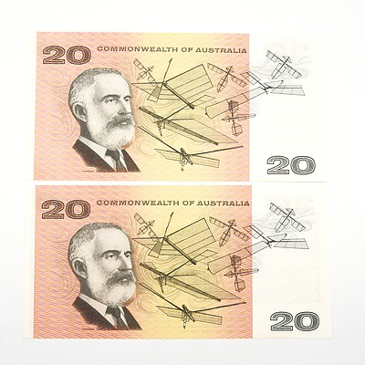 Two Consecutively Numbered Australian 1966 Coombs/ Wilson Twenty Dollar Banknotes, R401 XAE367766 and XAE367767