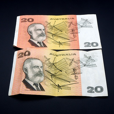 Australian Fraser/ Higgins $20 Note RAQ708141 and Australian Knight/ Wheeler $20 Note XUQ443403