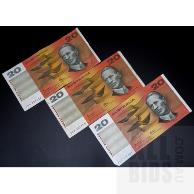 Three Australian Johnston/ Fraser $20 Notes, EHZ661913, ESQ337432, and EEX135651