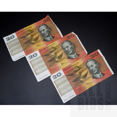 Three Australian Johnston/ Fraser $20 Notes, ETQ265234, ESN845851 and EPG548585