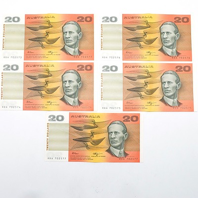 Five Consecutively Numbered Fraser/ Higgins $20 Notes, RDA 702573- RDA 702577