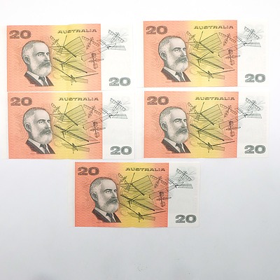 Five Consecutively Numbered Fraser/ Higgins $20 Notes, RDA 702573- RDA 702577
